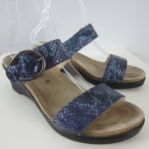 Mephisto Relax Womens 9 Nadia Sandal Blue Leather Python Wedge Heel Slide 39 - Picture 1 of 9